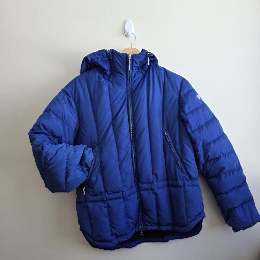 Post Card Womens Blue Ski Puffer Goose Duck Down Jacket 6 Full Zip Funnel Neck